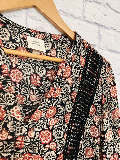 KNOX ROSE Womens Dress Size Sz L Black Rust Floral Bell Sleeve Flare Boho Hippie