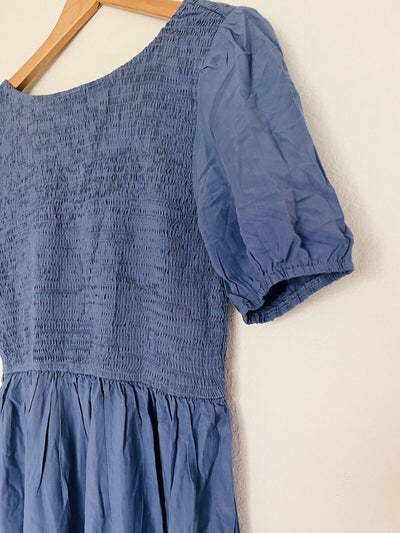 UNBRANDED Smocked Tiered Maxi Dress Sz L Blue Puff Sleeve Long Peasant Boho