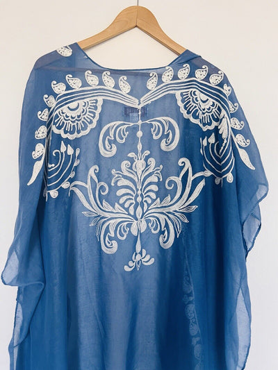 SHYANNE Women Cardigan Open Blue White Embroidered Lightweight Western