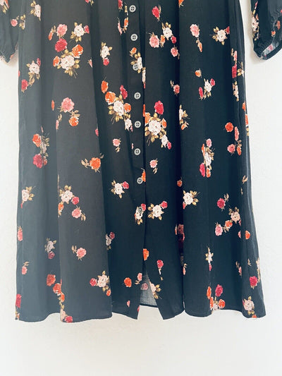 J. JILL Black Floral Tunic Dress Sz S Botton Down 3/4 Balloon Sleeves Pockets