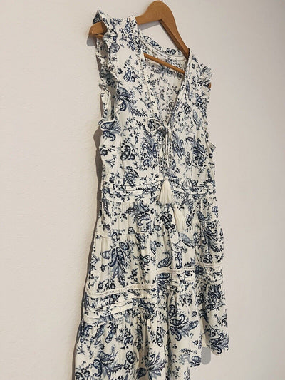 LUCKY BRAND Blue Paisley Dress Sz L Sleeveless Ruffle Tie Neck Crochet Boho