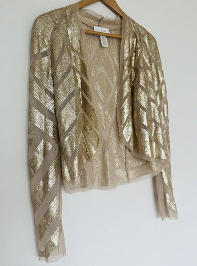 CACHE Gold Sequin Shrug Cardigan Sz 1 Cropped Long Sleeve Festive Holiday