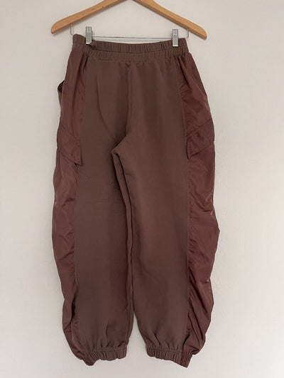 ZARA Womens Elastic Waist Cargo Pants Sz L Brown Parachute Oversized Relaxed Fit