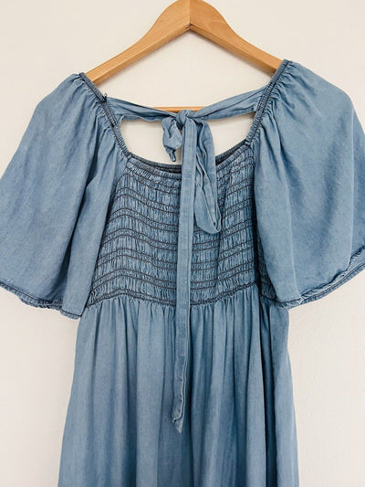 BLU PEPPER Smocked Mini Dress Sz S Tiered Puff Sleeves Tie Back Boho Western