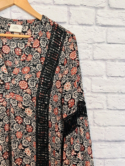 KNOX ROSE Womens Dress Size Sz L Black Rust Floral Bell Sleeve Flare Boho Hippie