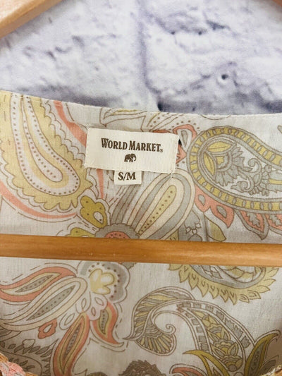 WORLD MARKET Paisley Top Sz S/M Embroidered Pastel Lightweight Boho Peasant