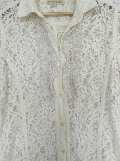 STETSON Ruffle Lace Shirt Sz XL Ivory Button Floral Long Sleeve Boho Western