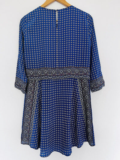 MADEWELL 100% Silk A-line Dress Sz XS Blue Pockets Lined Geometric Knee Length