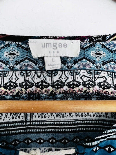 UMGEE Cream Floral Babydoll Dress Sz L Tassel Balloon Sleeves Crochet Tunic Boho