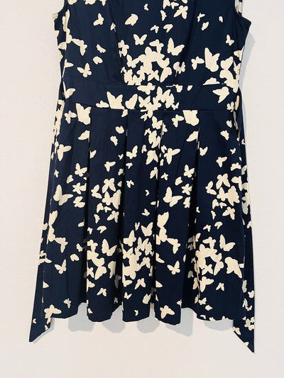 MODCLOTH Closet London Midi Dress Sz 10 Fit Flare Navy/Tan Butterfly Print