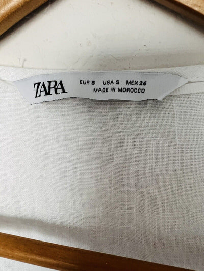 ZARA NWT 100% Linen Top Sz S White Lace Trim Short Sleeve Blouse V-Neck Tunic