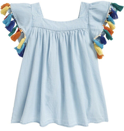 TUCKER + TATE Girls Blue Tassel Flutter Sleeve Top Sz 7 Multicolored Kids Boho