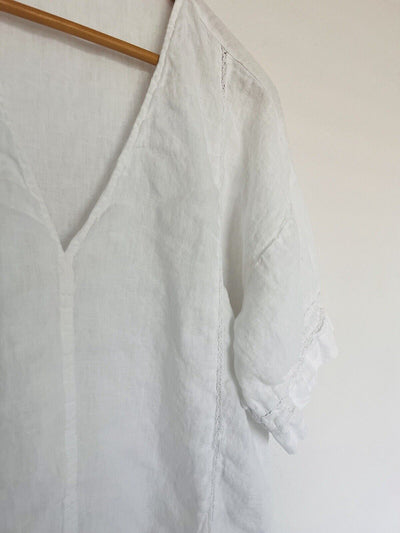 ZARA NWT 100% Linen Top Sz S White Lace Trim Short Sleeve Blouse V-Neck Tunic