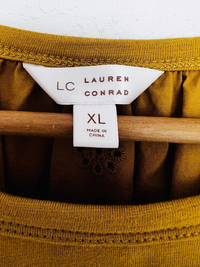 LAUREN CONRAD Gold Eyelet Detail Blouse Sz XL Mix Media Short Sleeve Boho