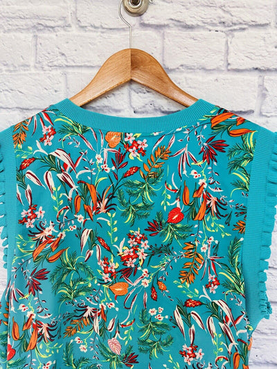 SKIES ARE BLUE Women Sleeveless Top Sz 3X Floral Print Mix Media Ruffle Blouse