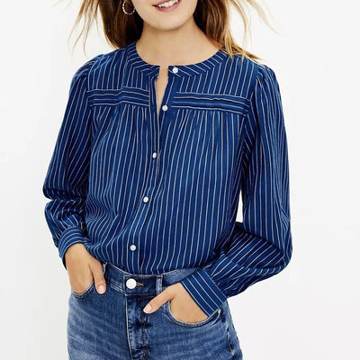 LOFT Button Down Striped Top Sz XL Blue Long Sleeve 100% Cotton Relaxed Fit