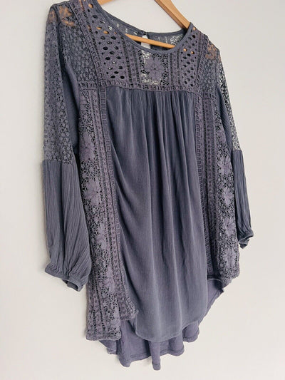 KNOX ROSE Mixed Media Flowy Top Sz L Lace Blouse Balloon Sleeves Boho