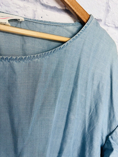 VINCE CAMUTO Womens 100% Tencel Boxy Ruffle Top Sz XL Blue Boho Crop Blouse