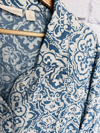 CHICOS Womens Snap Button Jacket Plus Sz 3 Pockets Paisley Blue Lyocell