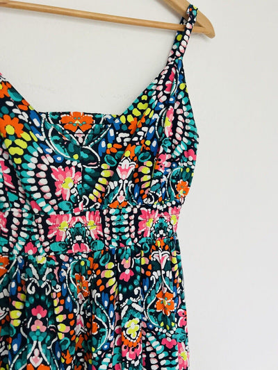 OLD NAVY Midi Floral Multi-Color Dress L Back Hi-Low Hem Smock Empire Waist