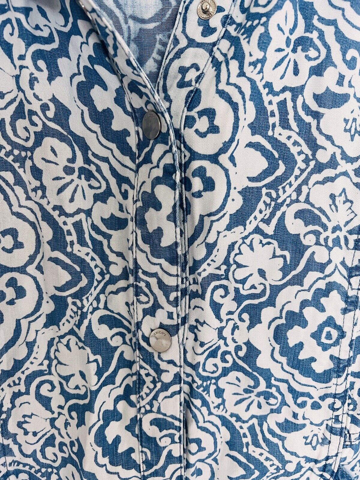 CHICOS Womens Snap Button Jacket Plus Sz 3 Pockets Paisley Blue Lyocell