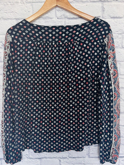 LUCKY BRAND Womens Argyle Long Sleeve Shirt Sz L Diamond Print Blouse Boho