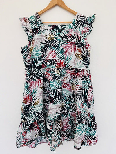BEACHLUNCHLOUNGE Linen Blend Dress Sz XL Hawaiian Palm Tiered Botton Up Travel