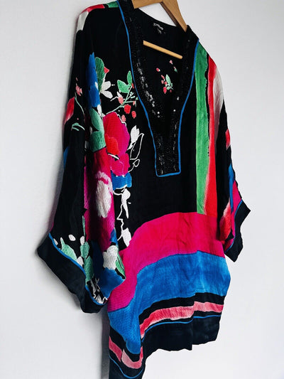BEBE 100% Silk Embellished Tunic Dress Sz MColorful Bat Sleeves Flowy Artsy 90s