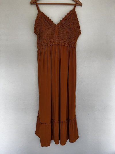 HINT OF BLUSH Crochet Boho Midi Dress Sz XL Rust Color Sleeveless 100% Rayon