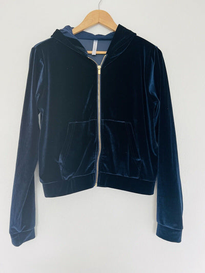 Fabletics Velvet Velour Sweatshirt Sz S Gold Zip Hoodie Dark Navy