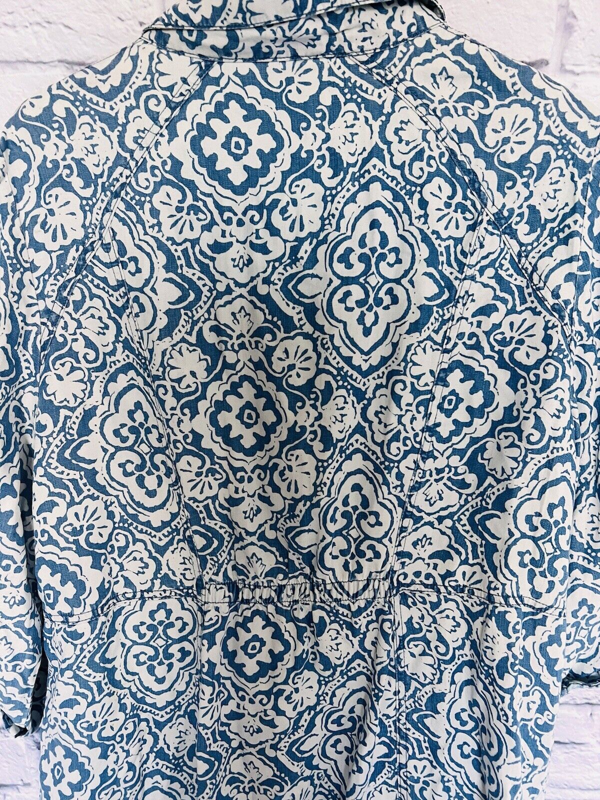 CHICOS Womens Snap Button Jacket Plus Sz 3 Pockets Paisley Blue Lyocell
