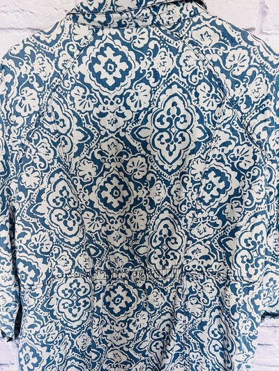 CHICOS Womens Snap Button Jacket Plus Sz 3 Pockets Paisley Blue Lyocell