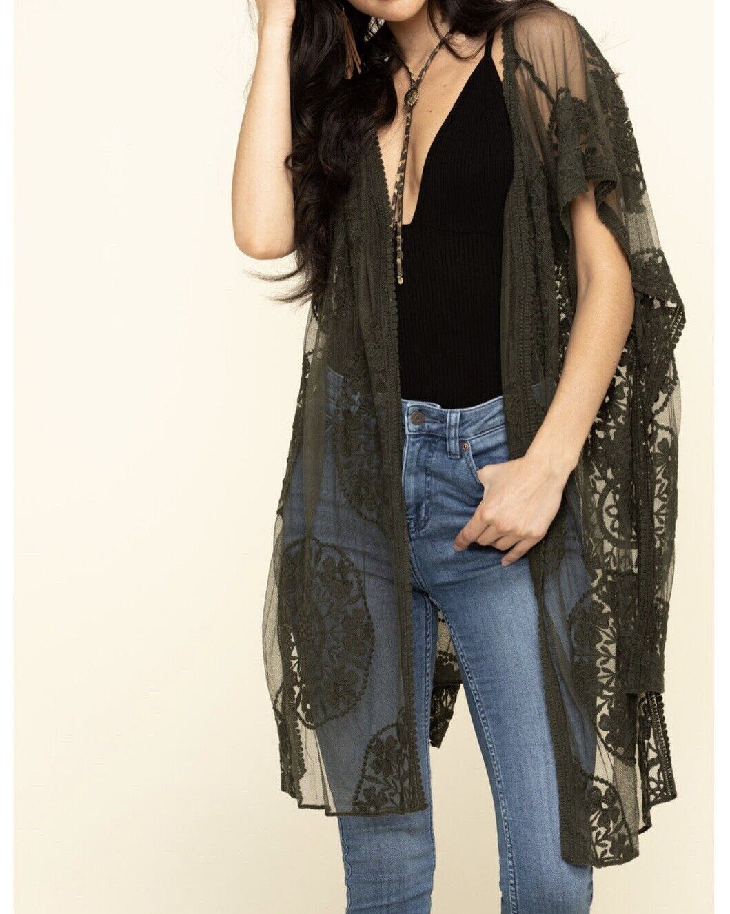 Shyanne Olive Medellin Lace Shawl Overlay Boho Vest Tie Boho Festival Western