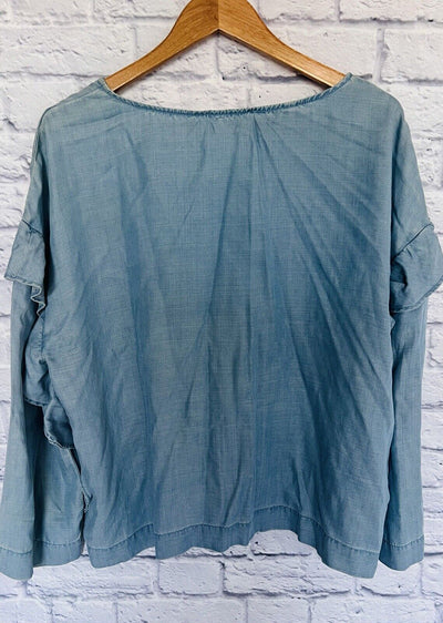 VINCE CAMUTO Womens 100% Tencel Boxy Ruffle Top Sz XL Blue Boho Crop Blouse