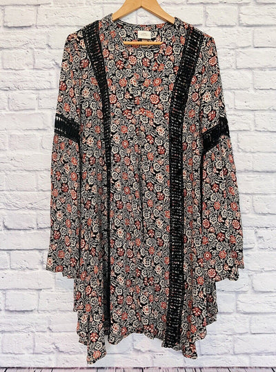 KNOX ROSE Womens Dress Size Sz L Black Rust Floral Bell Sleeve Flare Boho Hippie