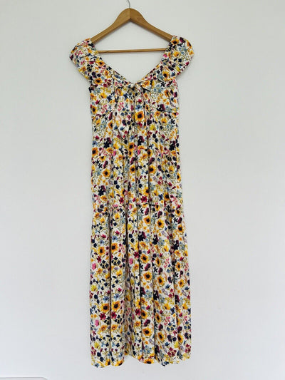 OLD NAVY Tiered Wildflower Floral Fit & Flare Dress Sz XS Open Back Bow Boho