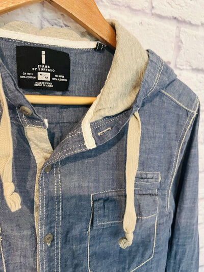 JEANS by BUFFALO Brand Mens Hooded Button-Down Shirt Blue Size Medium