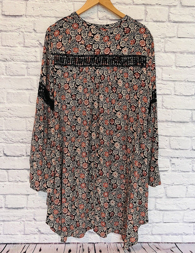 KNOX ROSE Womens Dress Size Sz L Black Rust Floral Bell Sleeve Flare Boho Hippie