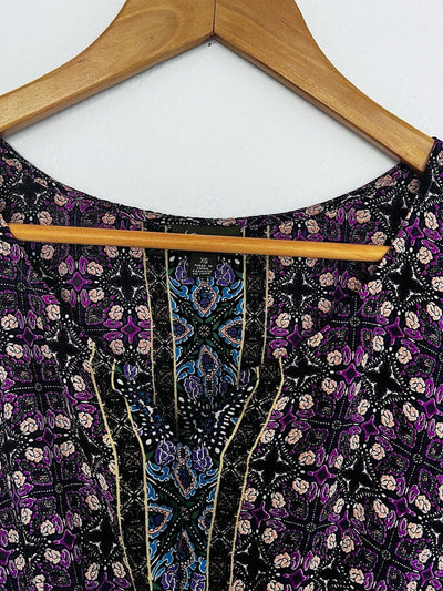 ANTHROPOLOGIE Fei 100% Silk Tunic Top Sz XS Dolman Geometric V-Neck Blouse