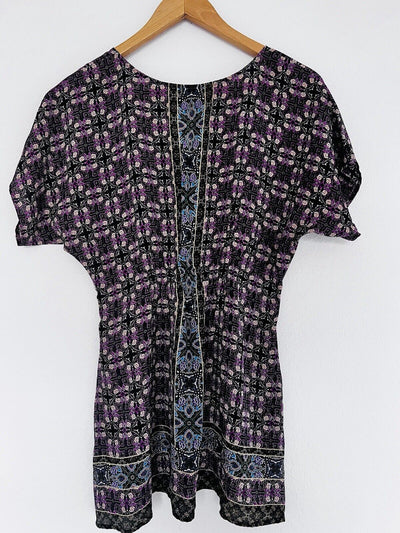 ANTHROPOLOGIE Fei 100% Silk Tunic Top Sz XS Dolman Geometric V-Neck Blouse