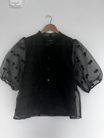 MARC NY Andrew Marc Black Top Sz L Polka Dot Puff Sheer Sleeve Tie Neck Blouse