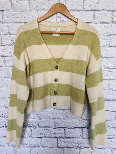 BILLABONG Womens Sweater Crop Sz M Lime/Cream Cozy Soft Cardigan
