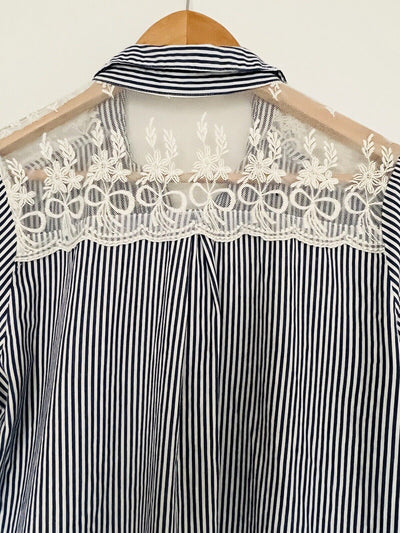 ANTHROPOLOGIE Lilis Closet Blue White Stripe Shirt Sz S Lace Back Tunic Top Boho