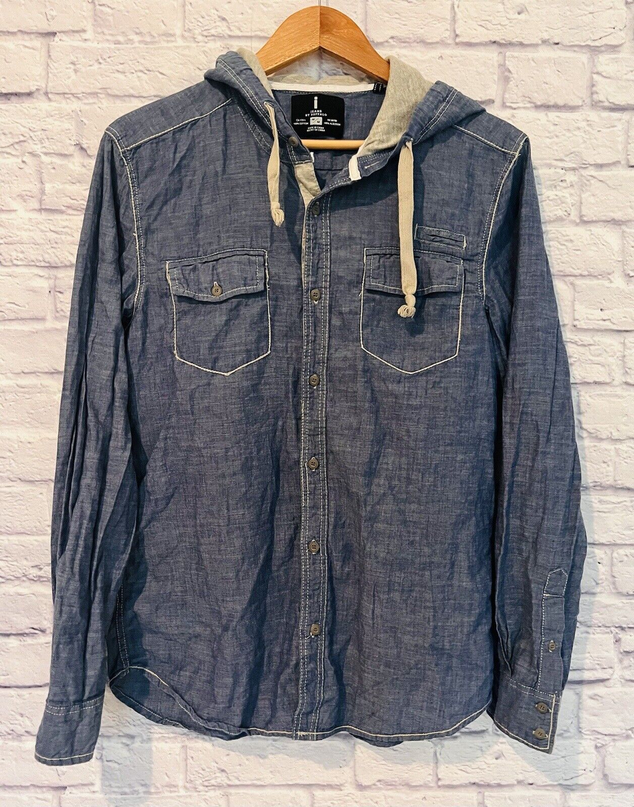 JEANS by BUFFALO Brand Mens Hooded Button-Down Shirt Blue Size Medium