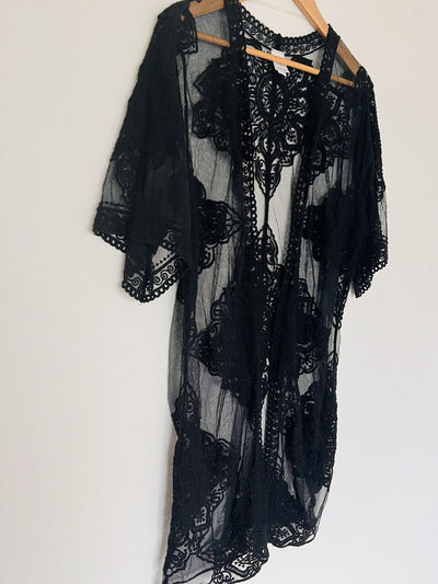 Lace Kimono Layering Cover Up Sz S-M Embroidered Floral Sheer Black Duster Boho
