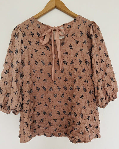 BLU PEPPER Floral Peasant Textured Top Sz S 3/4 Balloon Sleeve Pullover Boho