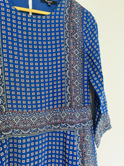 MADEWELL 100% Silk A-line Dress Sz XS Blue Pockets Lined Geometric Knee Length