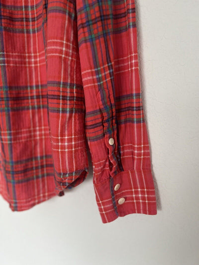 J CREW Women's Red Plaid Shirt Sz 8 Botton Down Collared Long Sleeve Top Boho