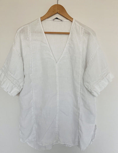 ZARA NWT 100% Linen Top Sz S White Lace Trim Short Sleeve Blouse V-Neck Tunic