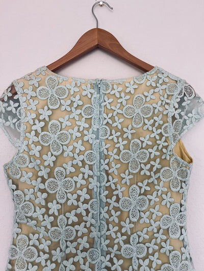 ANTHROPOLOGIE Nick & Mo Floral Blue Dress Sz S Lace Overlay 3/4 Sleeves Coquette
